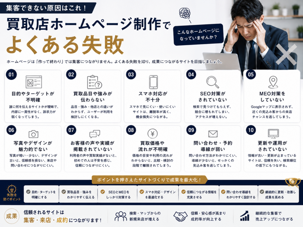 買取店ホームページ制作でよくある失敗｜SEO・MEO対策や問い合わせ導線など集客できない原因