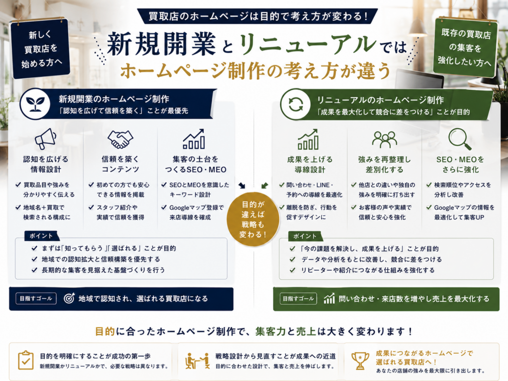 買取店ホームページ制作は新規開業とリニューアルで集客戦略やSEO・MEO対策の考え方が異なる