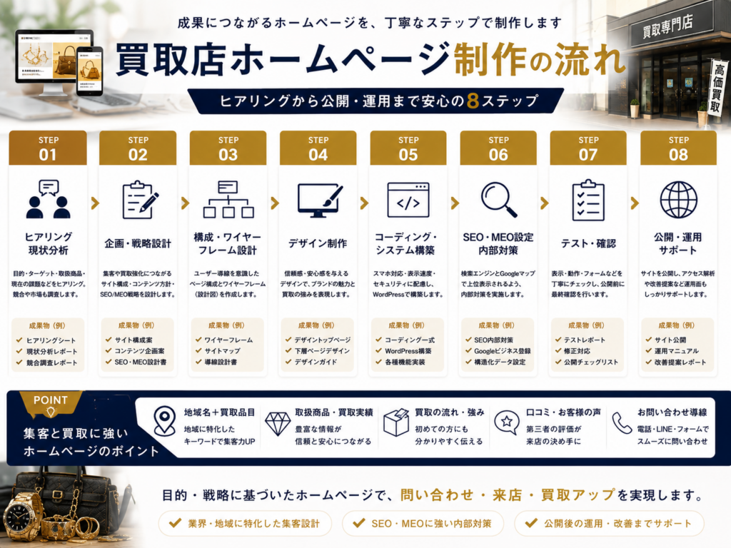 買取店ホームページ制作の流れ｜ヒアリング・設計・デザイン・SEO対策から公開・運用まで