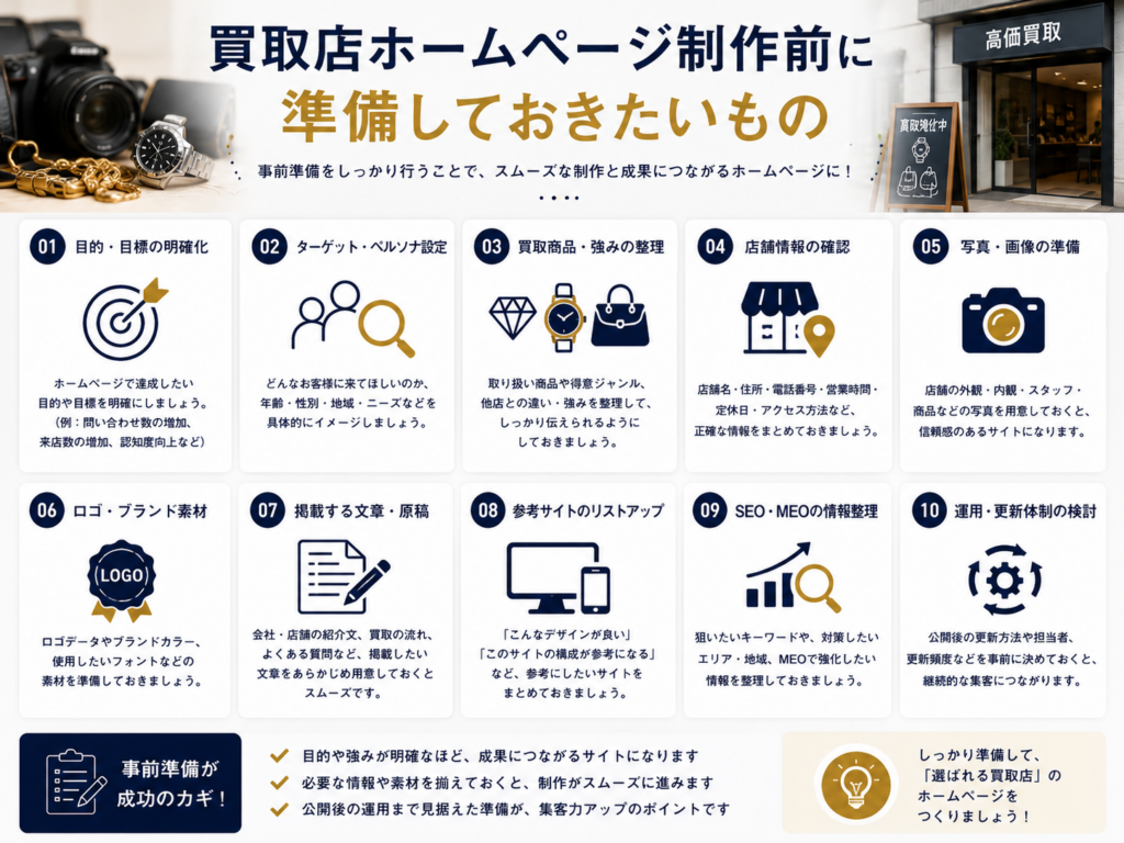 買取店ホームページ制作前に準備しておきたいもの｜目的・買取商品・店舗情報・写真・SEO対策の整理