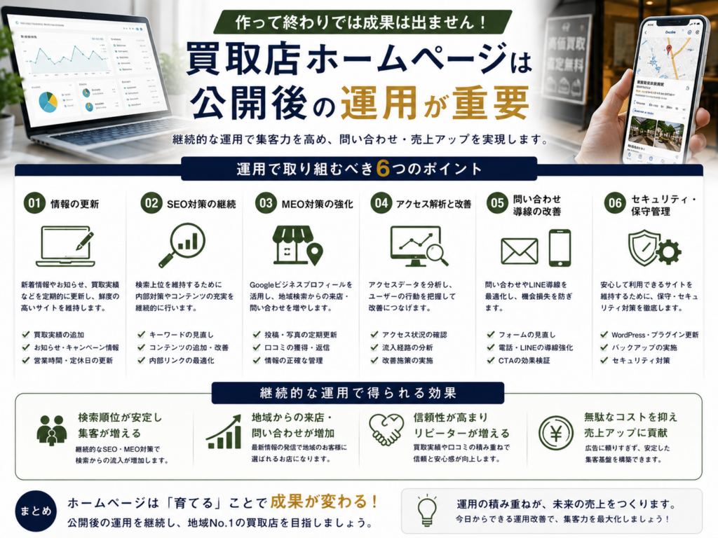 買取店ホームページは公開後の運用が重要｜SEO・MEO・アクセス解析・問い合わせ導線を継続改善