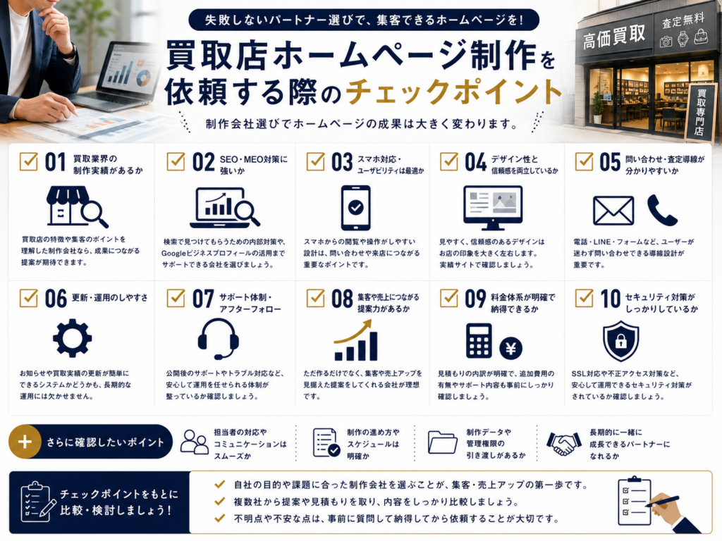 買取店ホームページ制作を依頼する際のチェックポイント｜制作実績・SEO・MEO・費用・運用サポートを比較