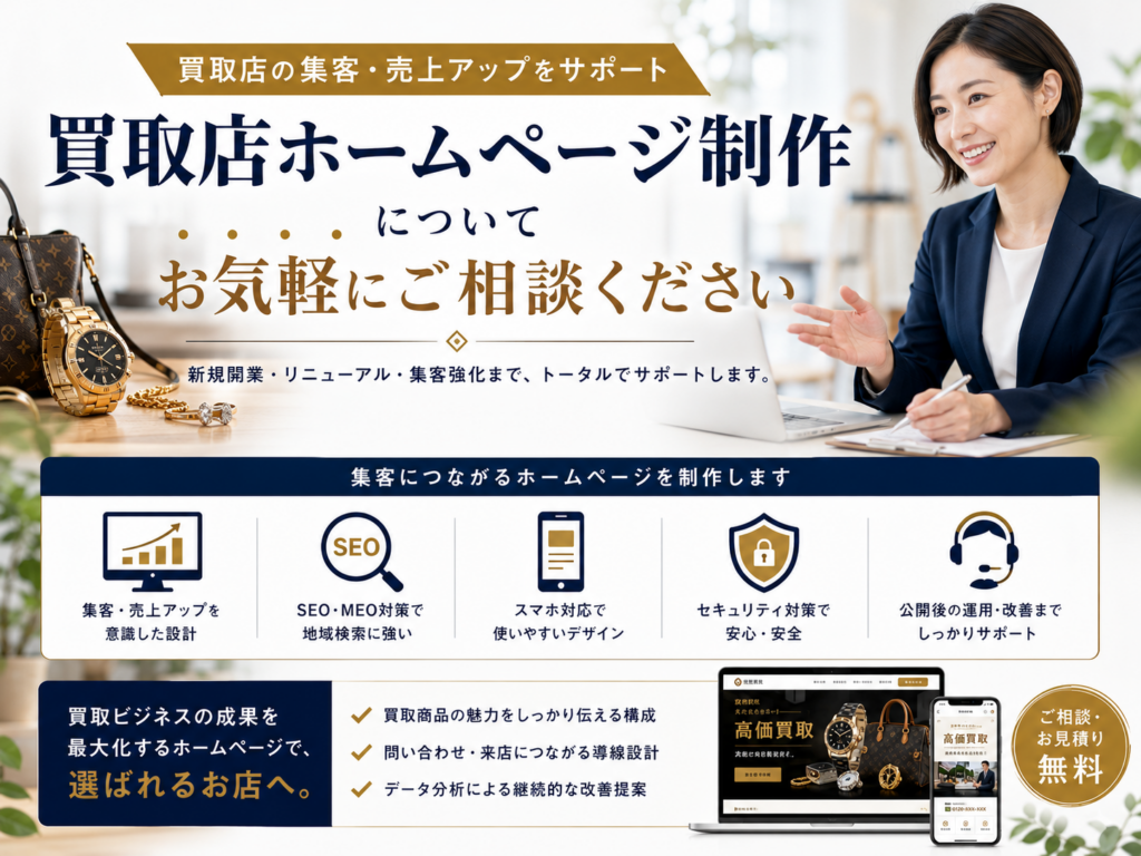 買取店ホームページ制作の無料相談｜新規開業・リニューアル・SEO・MEO・集客改善をサポート