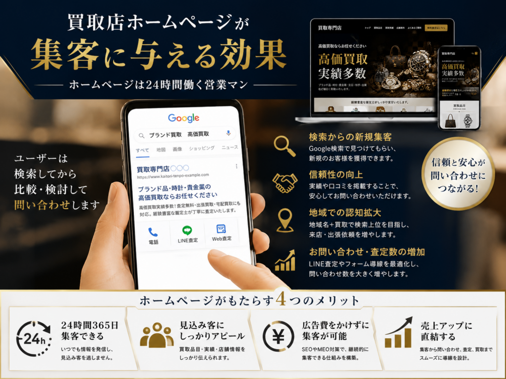 買取店ホームページ制作による集客効果やSEO対策、お問い合わせ増加の仕組みを解説