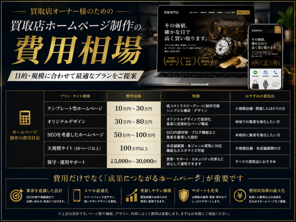 買取店ホームページ制作の費用相場や制作プラン、集客につながるホームページの特徴を解説