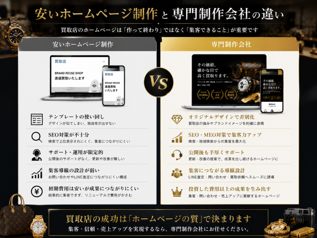 安いホームページ制作と専門制作会社の違いを比較し、買取店ホームページ制作で集客につながるポイントを解説