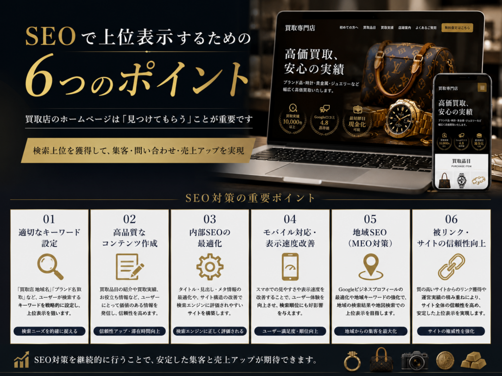 買取店ホームページ制作でSEO上位表示を目指すためのポイントや検索順位を高める施策を解説