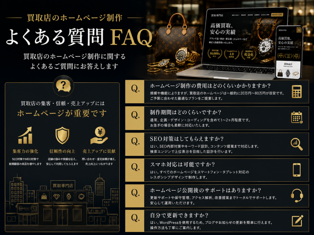 買取店ホームページ制作に関するよくある質問(FAQ)や費用、SEO対策、制作期間について解説
