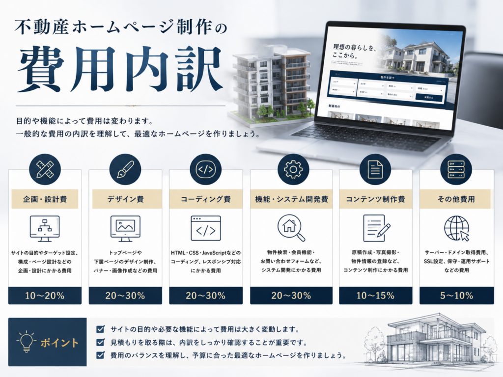 不動産ホームページ制作の費用内訳｜企画・設計・デザイン・コーディング・システム開発などの費用項目