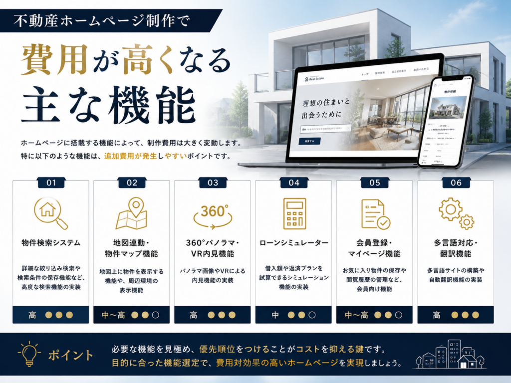 不動産ホームページ制作で費用が高くなる機能｜物件検索・自動連携・地図表示・会員機能・多言語対応など