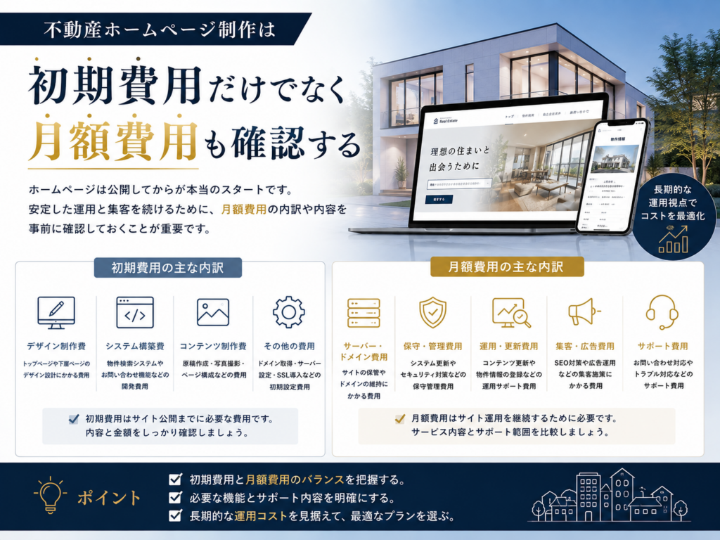 不動産ホームページ制作の初期費用と月額費用｜制作費・サーバー・保守管理・運用費の内訳