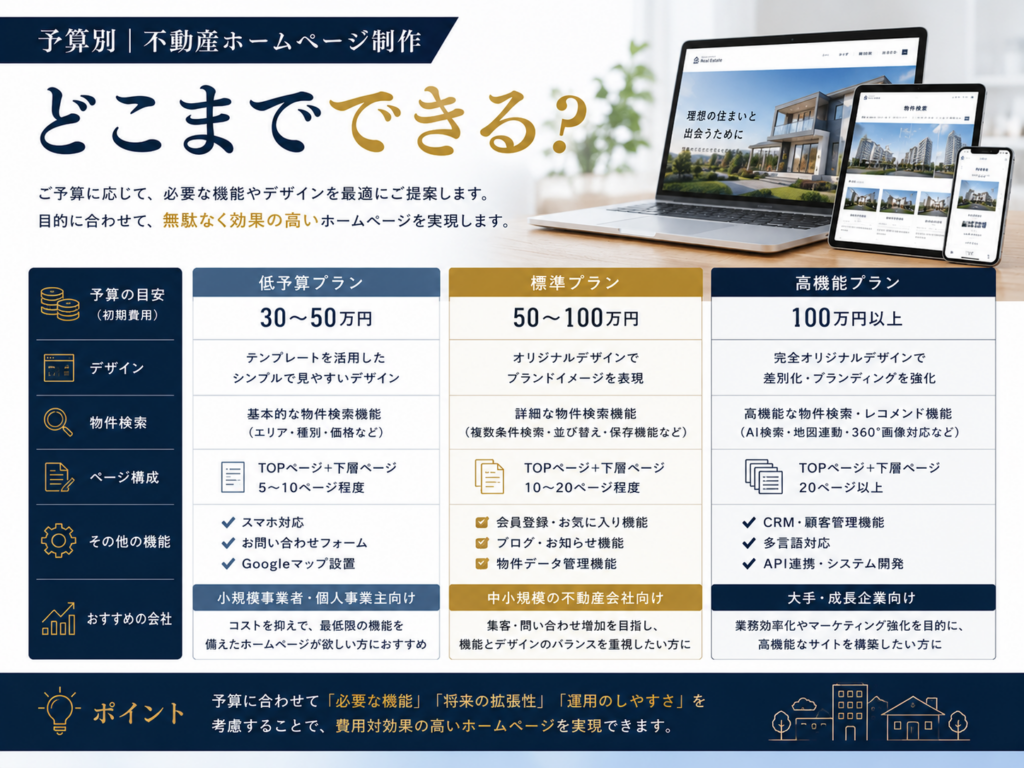 予算別の不動産ホームページ制作費用｜30万円から100万円以上の予算でできる機能とページ構成の比較