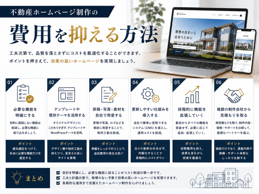 不動産ホームページ制作の費用を抑える方法｜必要な機能の整理や自社での素材準備など6つのポイント