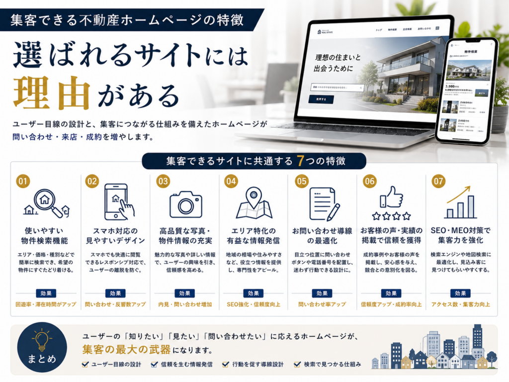 集客できる不動産ホームページの特徴｜物件検索・スマホ対応・問い合わせ導線・SEO対策など7つのポイント