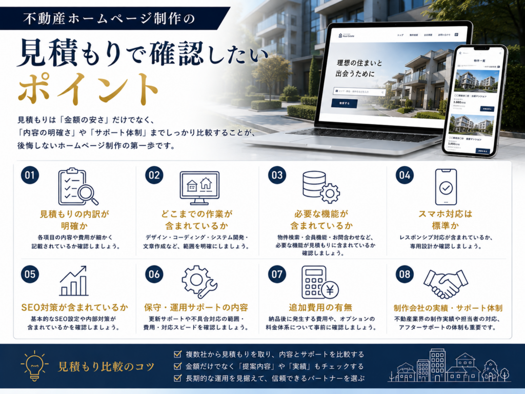 不動産ホームページ制作の見積もりで確認したいポイント｜費用内訳・機能・SEO対策・保守運用・追加費用のチェック項目