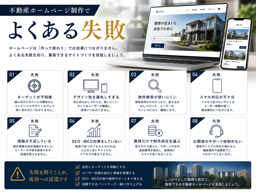 不動産ホームページ制作でよくある失敗｜ターゲット設定・物件検索・スマホ対応・SEO・制作会社選びの注意点