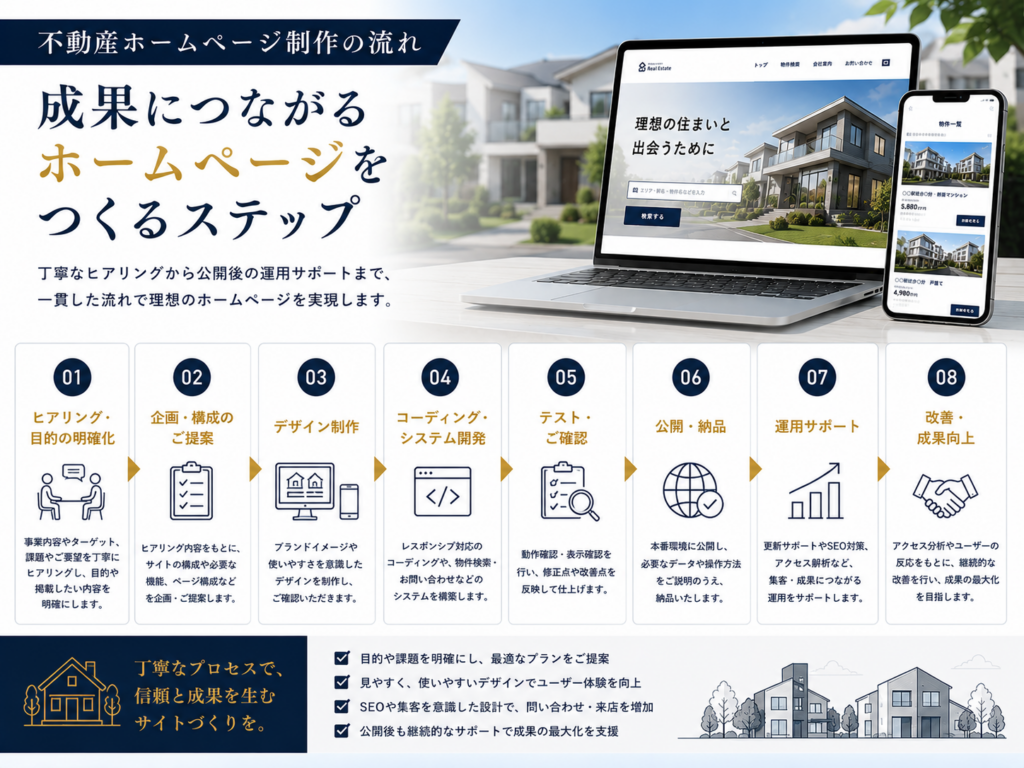 不動産ホームページ制作の流れ｜ヒアリング・企画・デザイン・構築・公開・運用改善までの8ステップ