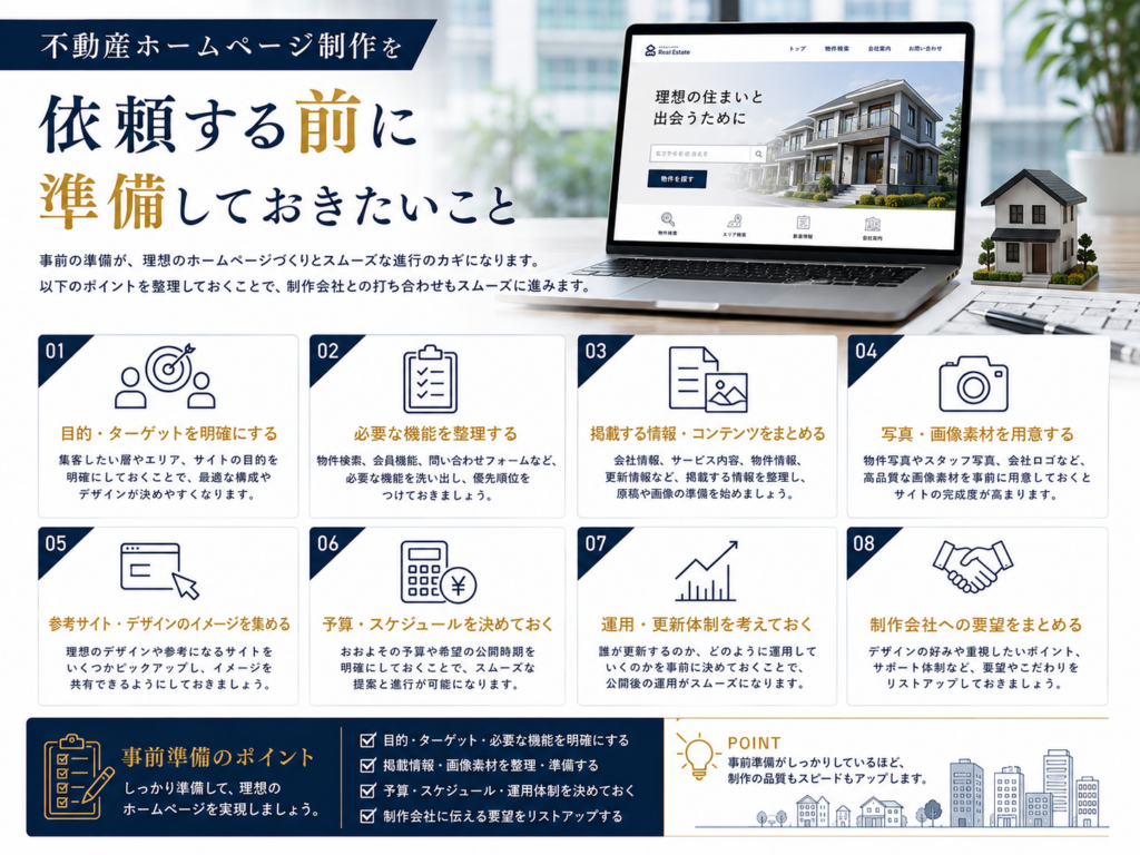 不動産ホームページ制作を依頼する前の準備｜目的・必要機能・掲載情報・予算・運用体制など8つのポイント
