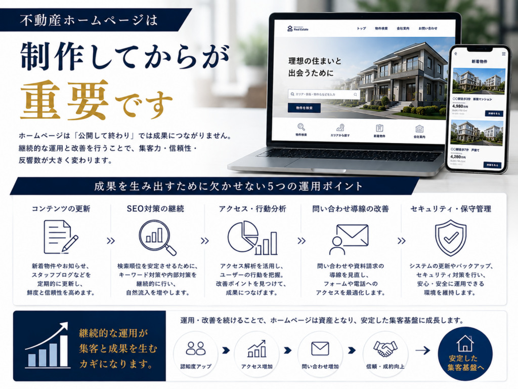 不動産ホームページは制作後の運用が重要｜コンテンツ更新・SEO対策・アクセス分析・問い合わせ導線改善・保守管理