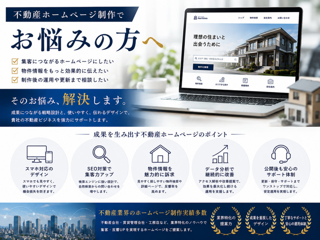 不動産ホームページ制作でお悩みの方へ｜SEO対策・集客・物件情報・公開後の運用改善をサポート