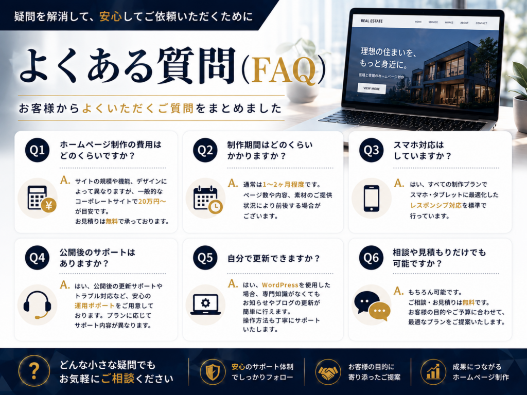 不動産ホームページ制作の費用や制作期間、SEO対策、保守についてのよくある質問(FAQ)を紹介