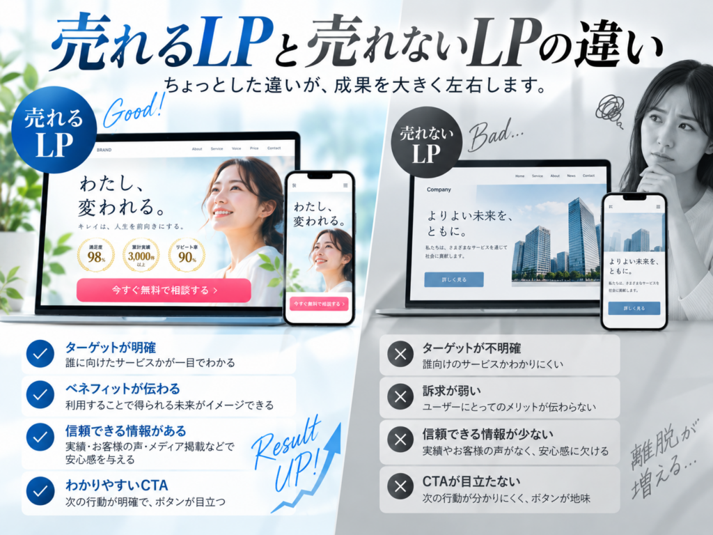 売れるLPと売れないLPの違い|ターゲット・ベネフィット・信頼性・CTA設計を比較