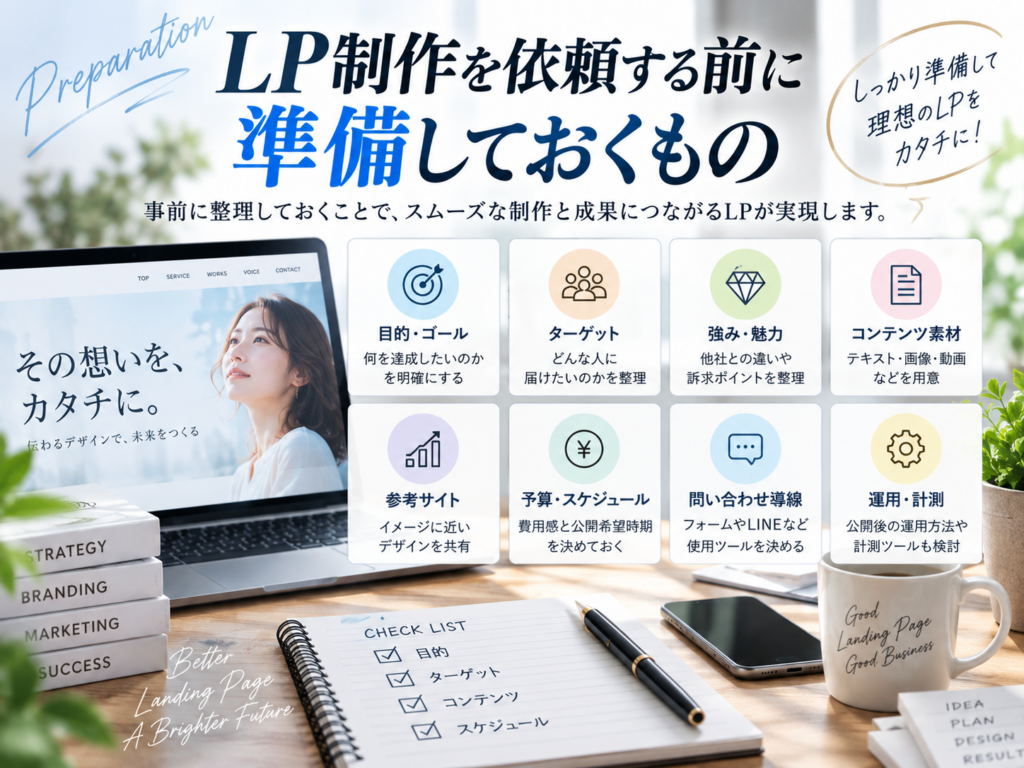 LP制作を依頼する前に準備しておくもの|目的・ターゲット・素材・予算・集客導線を整理