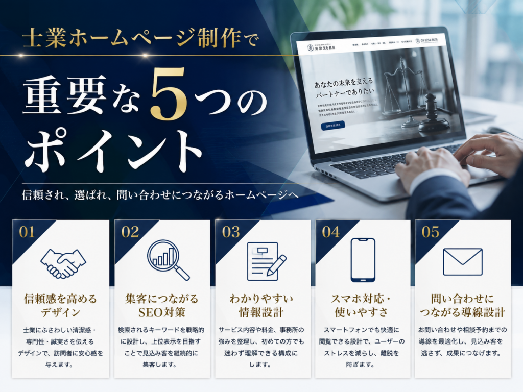 士業ホームページ制作で重要な5つのポイント|信頼感・SEO対策・情報設計・スマホ対応・問い合わせ導線