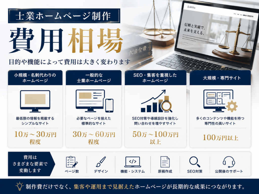 士業ホームページ制作の費用相場|小規模・一般・SEO集客重視・大規模サイトの料金目安