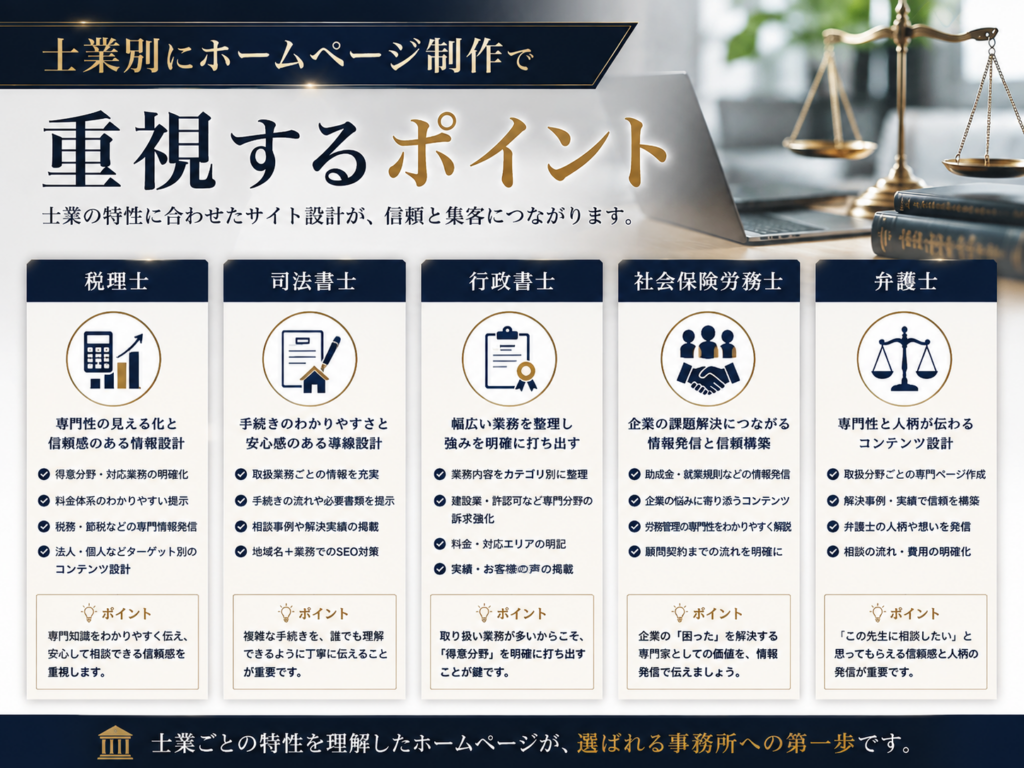 士業別のホームページ制作で重視するポイント|税理士・司法書士・行政書士・社労士・弁護士