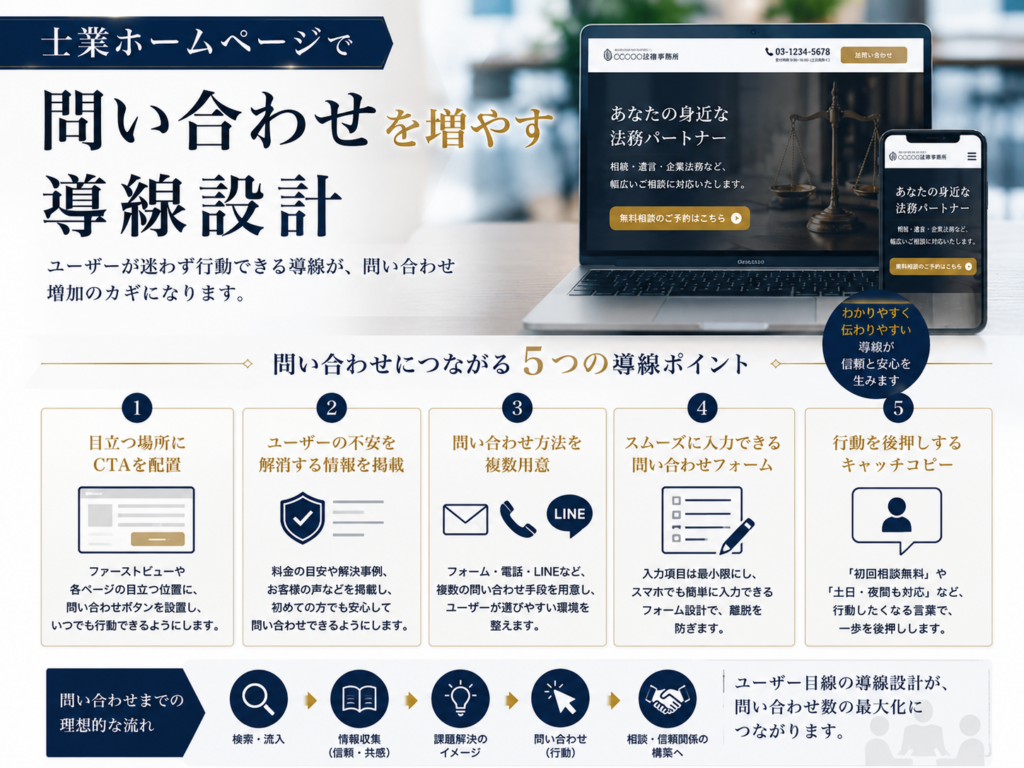 士業ホームページで問い合わせを増やす導線設計|CTA配置・問い合わせ方法・フォーム改善のポイント