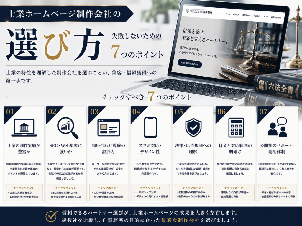 士業ホームページ制作会社の選び方|制作実績・SEO・問い合わせ導線・料金・サポートの比較ポイント