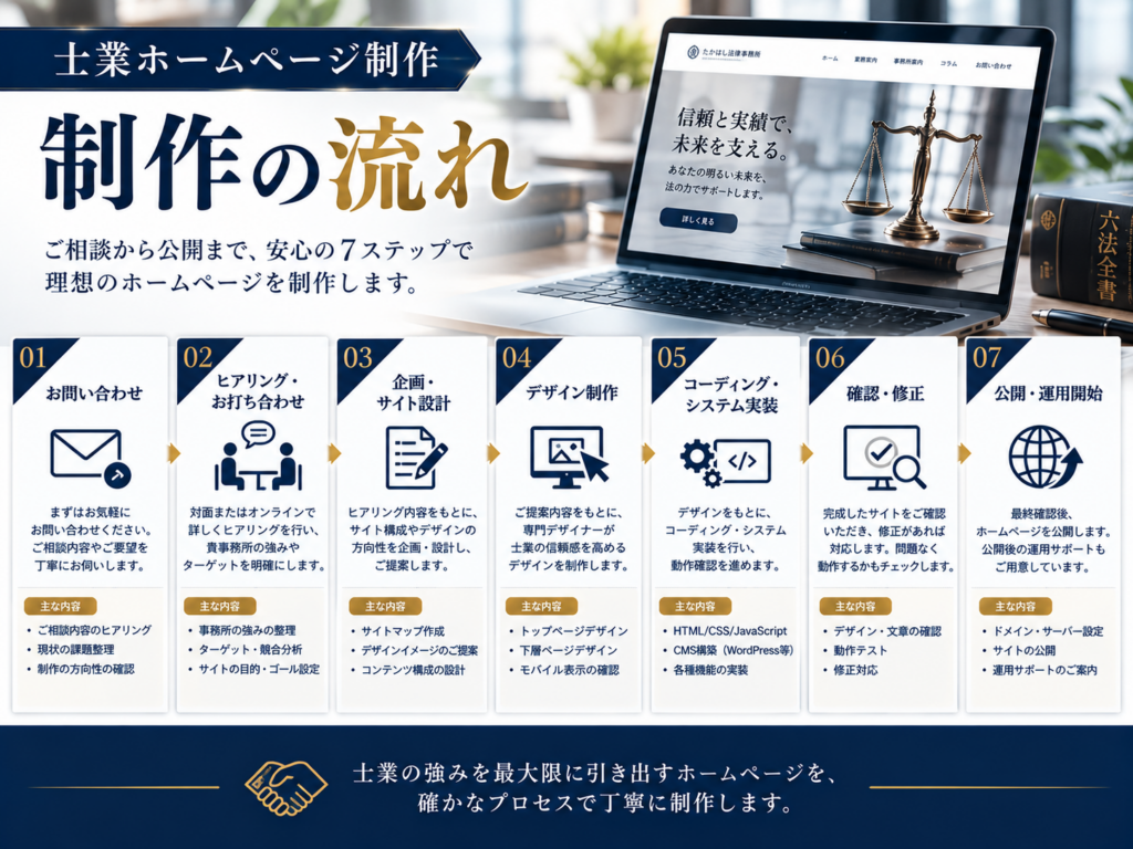 士業ホームページ制作の流れ|問い合わせ・ヒアリング・サイト設計・デザイン・構築・公開までの7ステップ