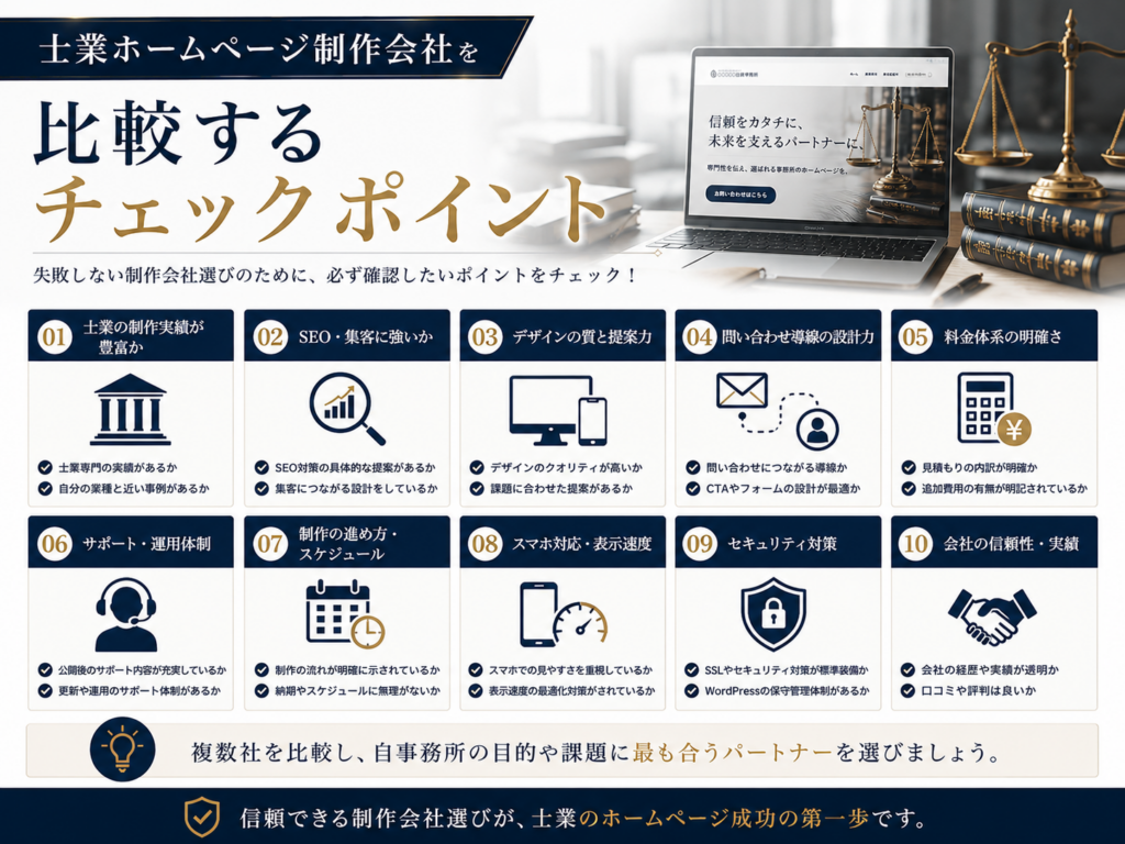 士業ホームページ制作会社を比較するチェックポイント|実績・SEO・料金・サポート・セキュリティを確認