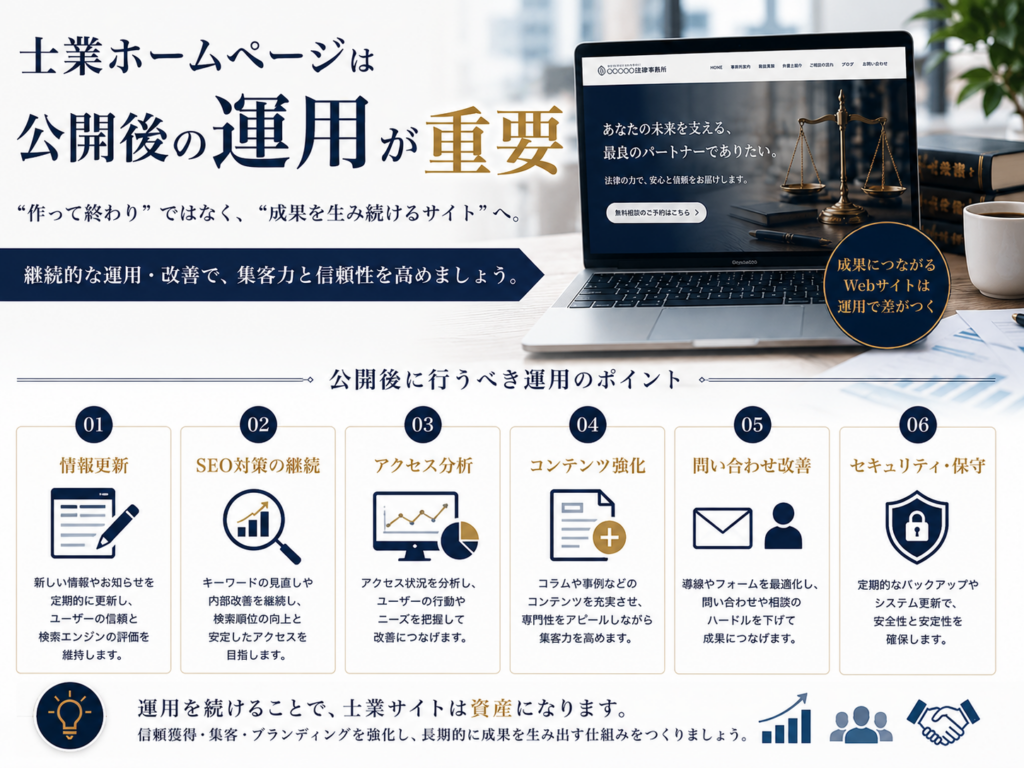 士業ホームページは公開後の運用が重要|SEO対策・アクセス解析・コンテンツ更新・問い合わせ改善のポイント