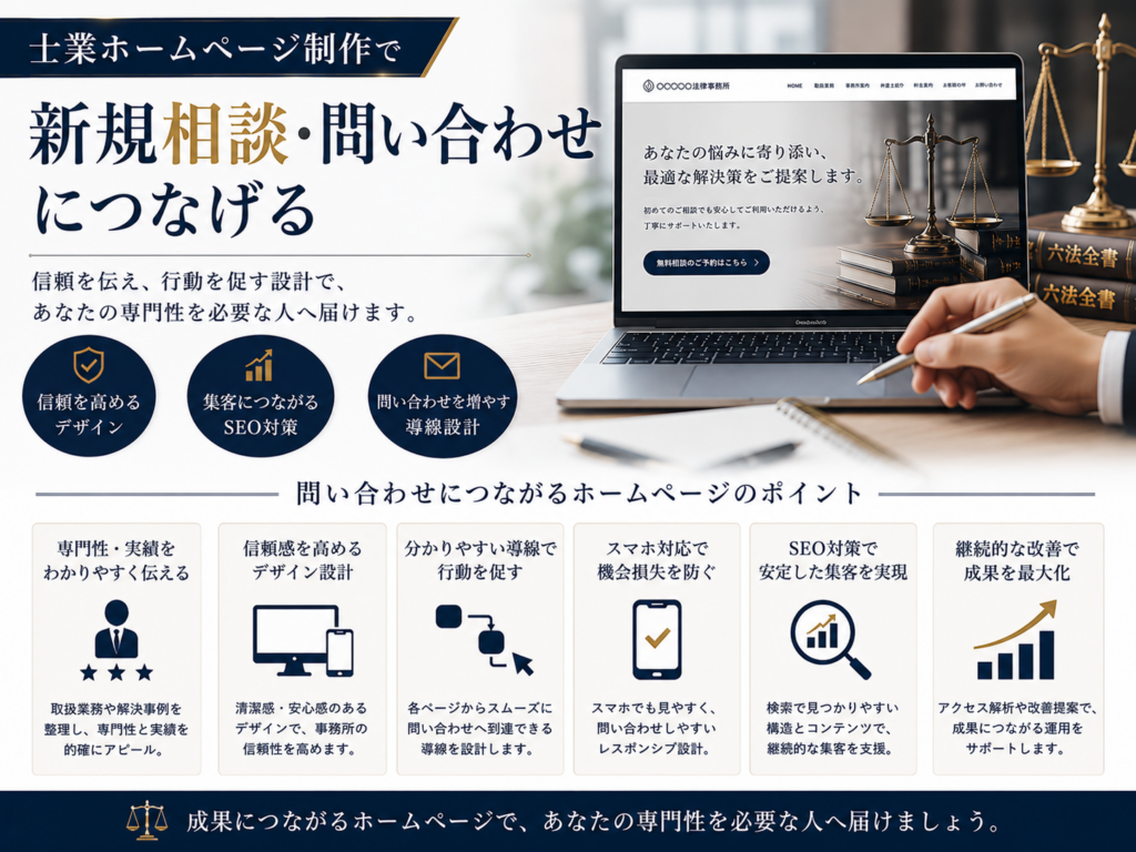 士業ホームページ制作で新規相談・問い合わせにつなげるポイント|SEO対策・信頼性・導線設計を強化