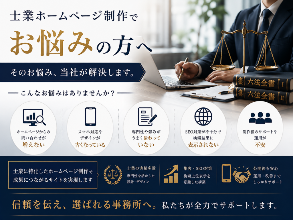 士業ホームページ制作でお悩みの方へ|SEO・集客・問い合わせ改善に強いホームページ制作