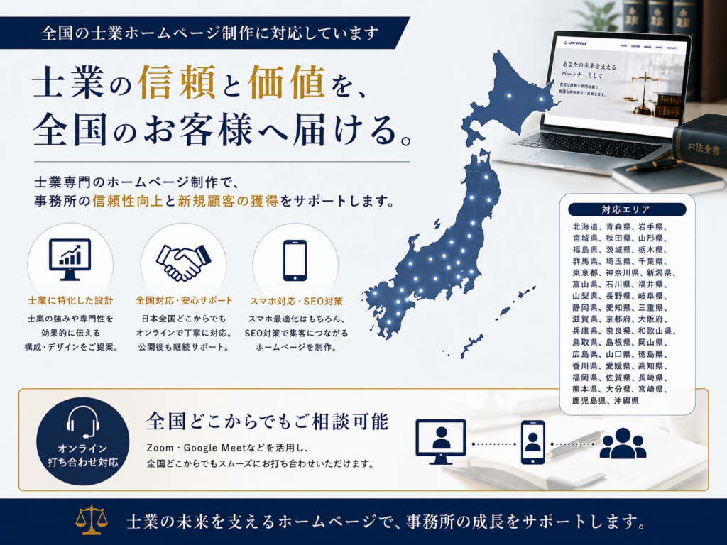 全国対応の士業ホームページ制作サービス｜オンライン打ち合わせ対応・日本全国の士業事務所向けWeb制作・SEO対策・スマホ対応