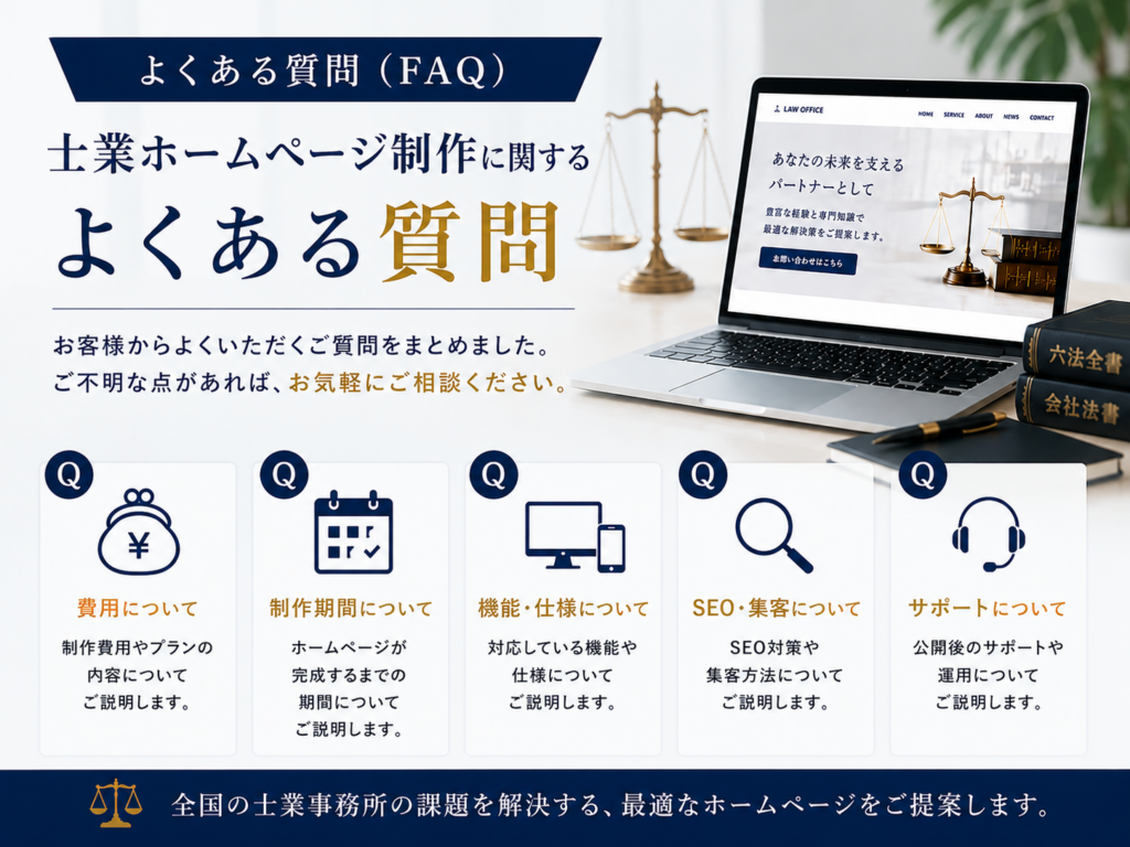 士業ホームページ制作のよくある質問（FAQ）｜ホームページ制作費用・リニューアル・SEO対策・WordPress・全国対応・オンライン相談に対応