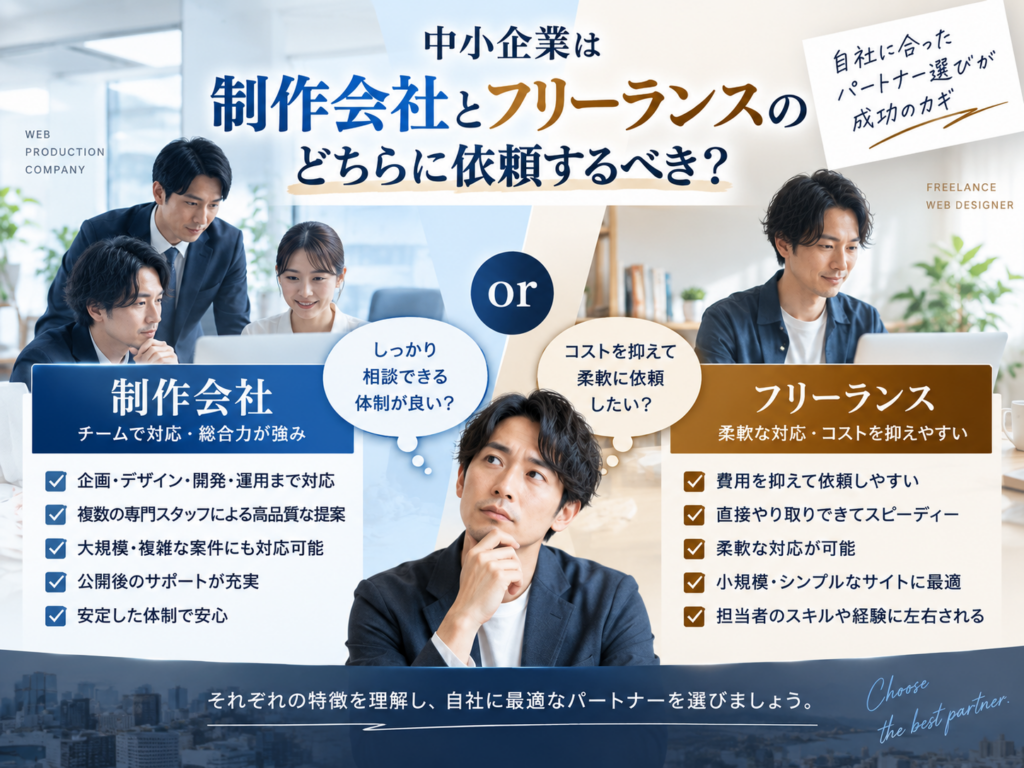中小企業のホームページ制作は制作会社とフリーランスのどちらに依頼するべきか比較