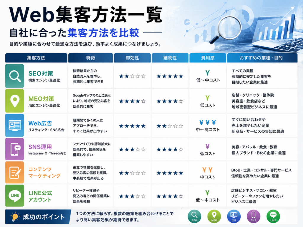 Web集客方法一覧|SEO・MEO・SNS・Web広告・コンテンツマーケティングなど自社に合ったWeb集客方法を比較