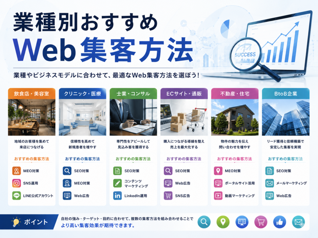 業種別おすすめWeb集客方法|飲食店・美容室・クリニック・ECサイト・不動産・BtoB企業に最適なWeb集客方法を解説