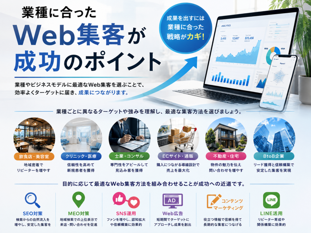 業種に合ったWeb集客が成功のポイント|業種別に最適なSEO・MEO・SNS・Web広告・コンテンツマーケティングを解説