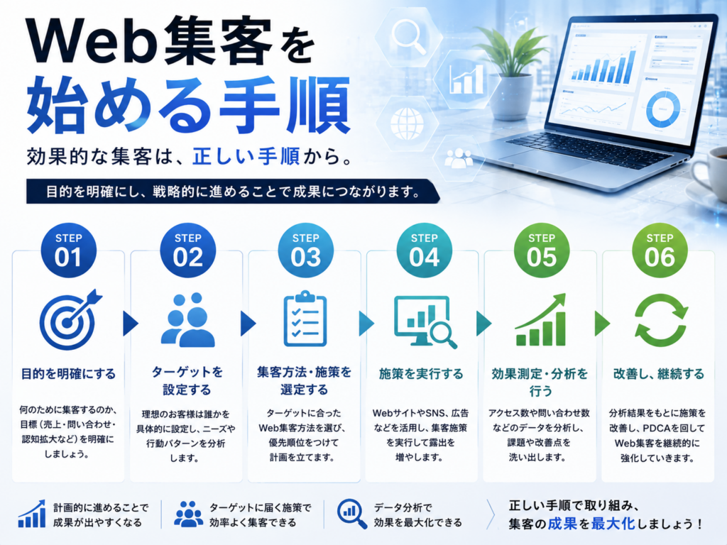 Web集客を始める手順|目的設定からSEO・SNS・Web広告の実施、効果測定・改善までの流れを解説