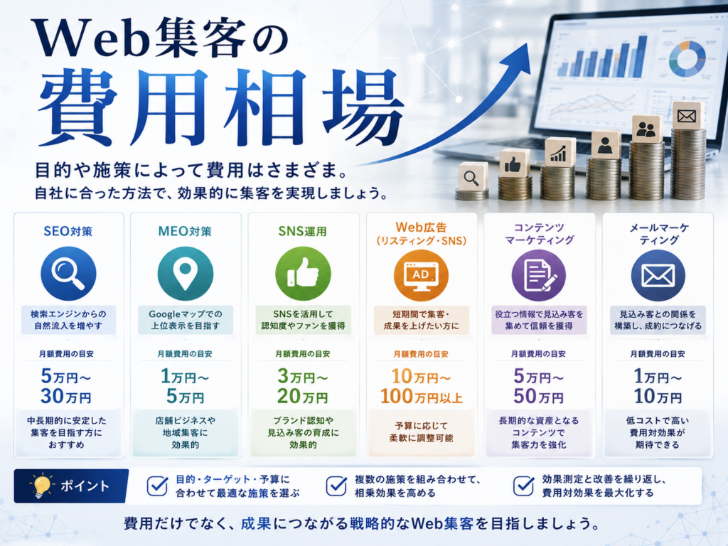 Web集客の費用相場|SEO・MEO・SNS運用・Web広告・コンテンツマーケティングの費用目安を比較