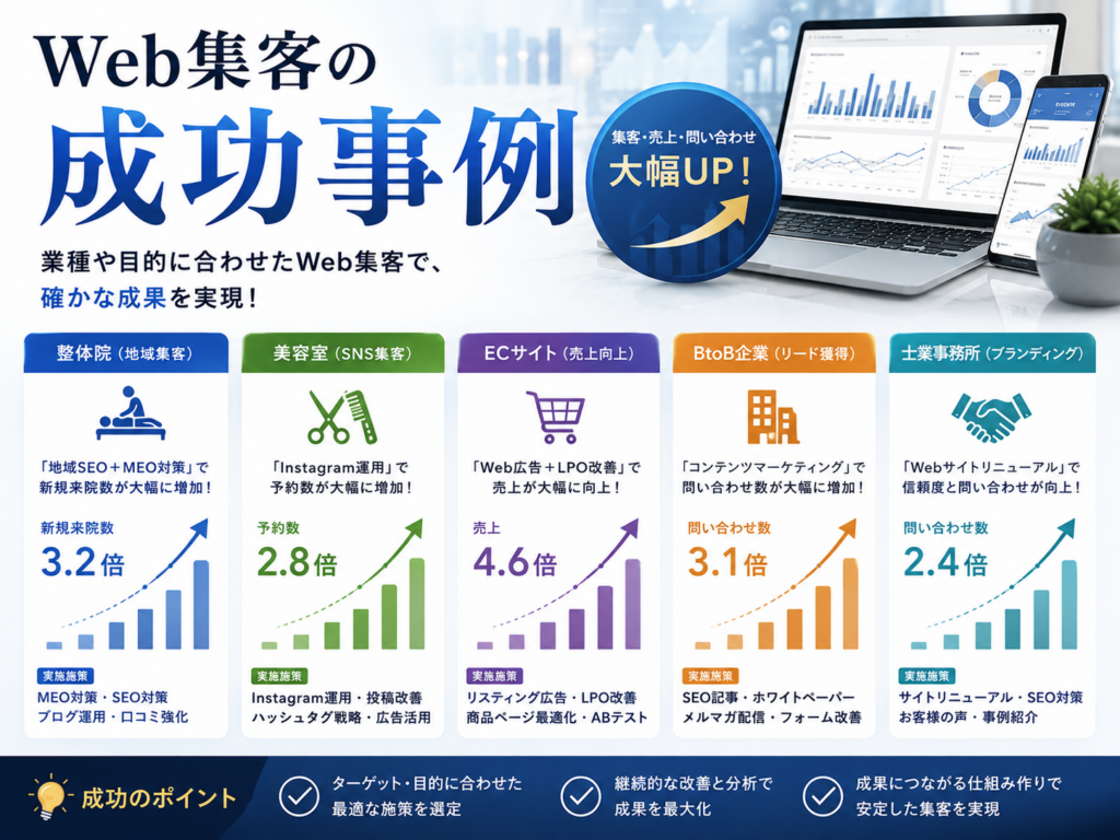 Web集客の成功事例|SEO・MEO・SNS・Web広告を活用して問い合わせ・売上アップを実現した事例を紹介