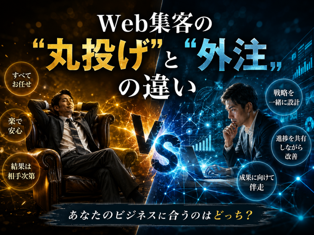 Web集客の丸投げと外注の違いを比較したイメージ