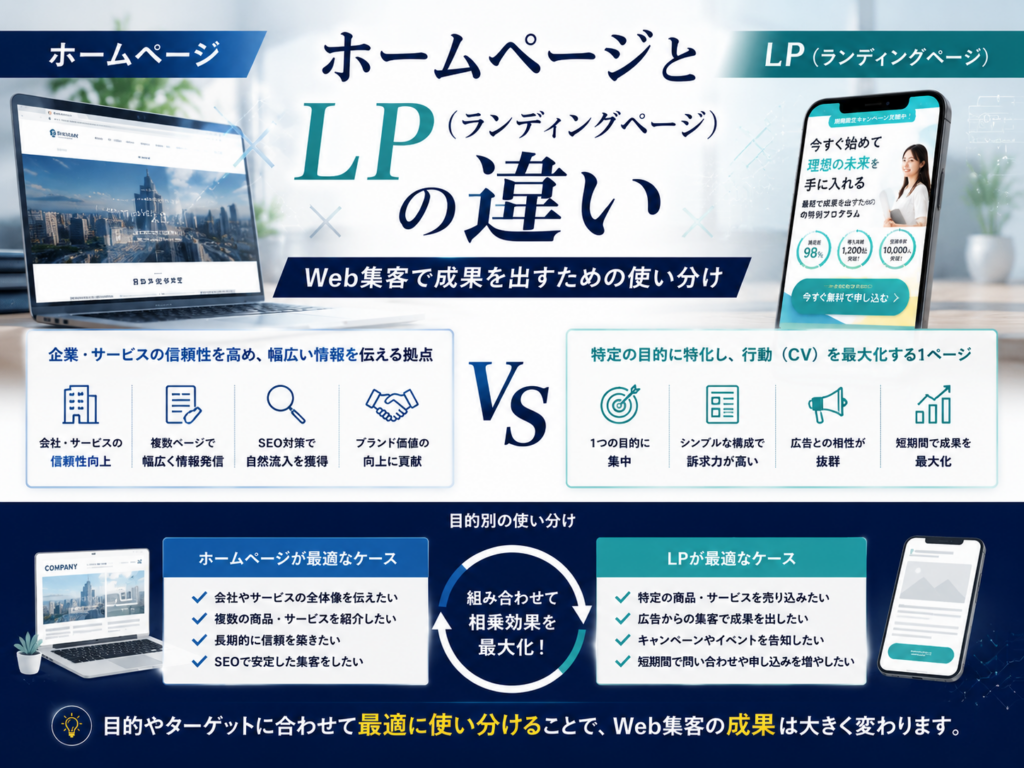 ホームページとLP（ランディングページ）の違い｜SEO対策・Web広告・Web集客で成果を出すための使い分けを解説
