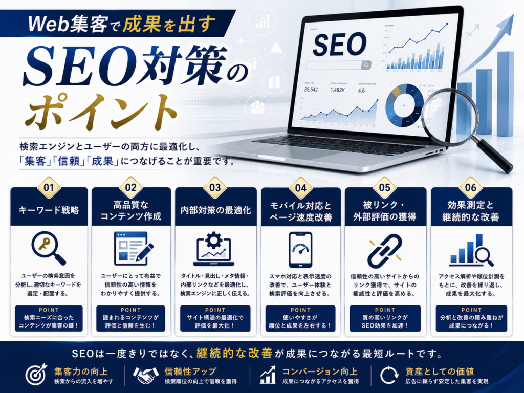 Web集客で成果を出すSEO対策のポイント｜キーワード選定・コンテンツSEO・内部対策・表示速度改善・被リンク・継続的な改善を解説