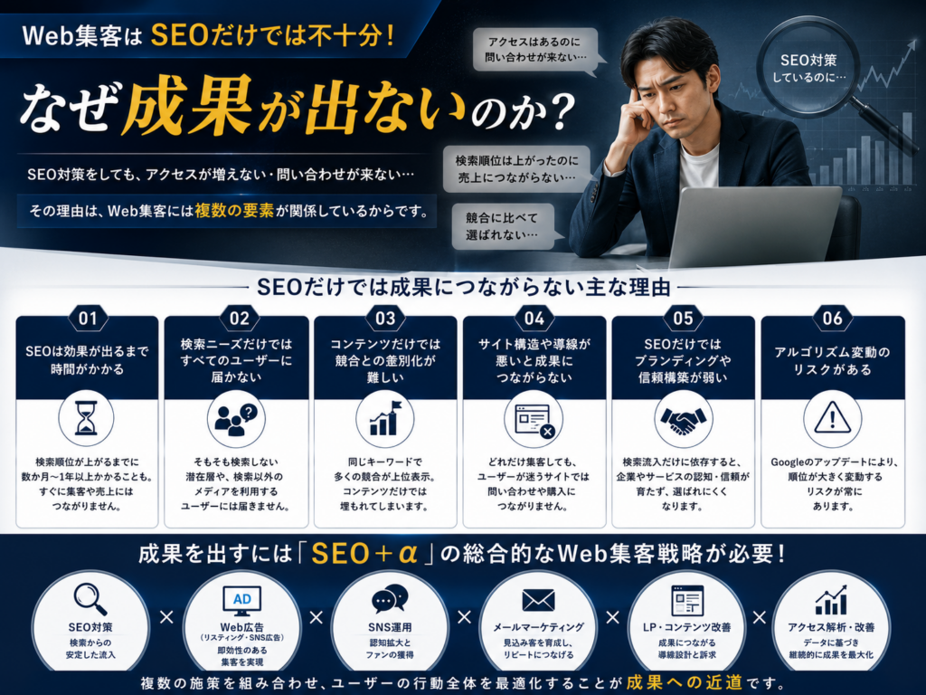 Web集客はSEOだけでは成果が出ない理由｜SEO対策・Web広告・SNS運用・LP制作・アクセス解析を組み合わせた集客戦略を解説